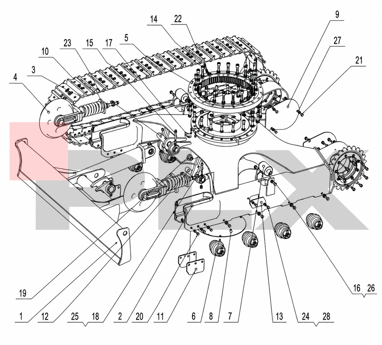 Diagrama do dispositivo de locomoção da Mini Escavadeira X35 Pro